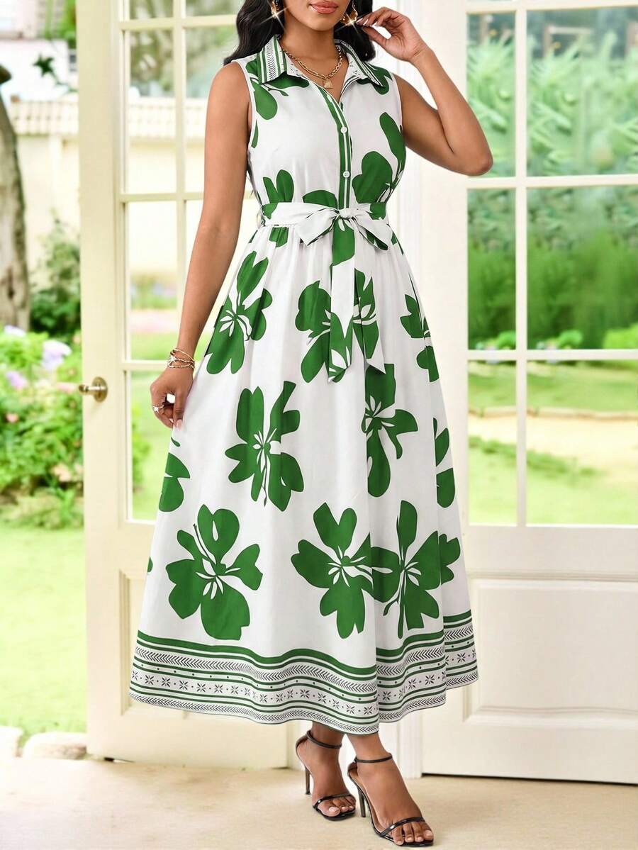 SHEIN Lady Women's Elegant Floral Print Button-Up Sleeveless Dress, Summer - Multicolor - View 1