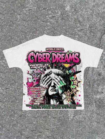 Camiseta de manga corta con cuello redondo, estilo minimalista casual Y2K para adolescentes, con estampado de grafiti pintado a mano, estampa de la Estatua de la Libertad, estilo retro americano, con vibra deportiva, adecuada para el verano