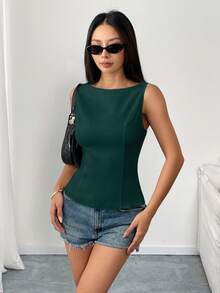 Pariaura Dark Green,Summer,Elegant,Night Out Backless Tie-Up Bow Sleeveless Shirt, Minimalist Office Business Wear,Spring Summer Classy Tops For Women - Dark Green - View 7