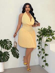 Maweii 大码性感优雅露肩露背蝴蝶结连衣裙 - 黃色 - 查看 5