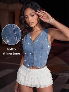 Slaydiva Women's Rhinestone Embellished Single-Breasted Casual Denim Vest Jacket Shiny - Blue - View 1