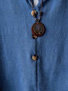 Linhara Plus Size V-Neck Short Sleeve Casual Shirt With Wooden Buttons, Suitable For Casual Outings And Commuting - Blue - View 5