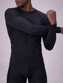 Manfinity KASUA Men's Plain Insert Sleeve Surf T-Shirt Athletic Workout Shirt, Men Swim Shirt, Mesh Men Top, Men S Rash Guard Shirt, Long Sleeve Swim Shirt - Black - View 1