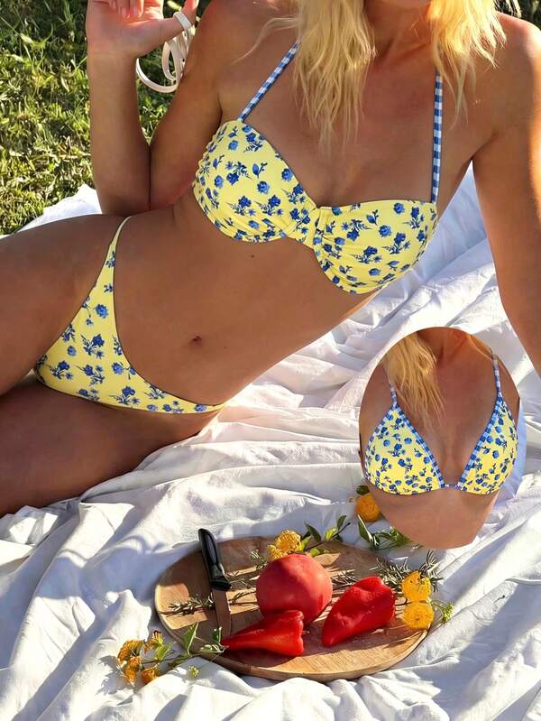 Swim Mod Summer Vacation Sexy Patchwork Floral Halter Backless Triangle Cup Ruched Spaghetti Strap Underwire Bikini Top