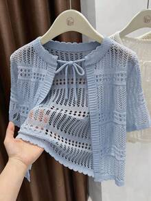 GlowEve Elegante cárdigan de punto con cuello redondo y lazo para primavera/verano para mujer - Azul - Ver 1