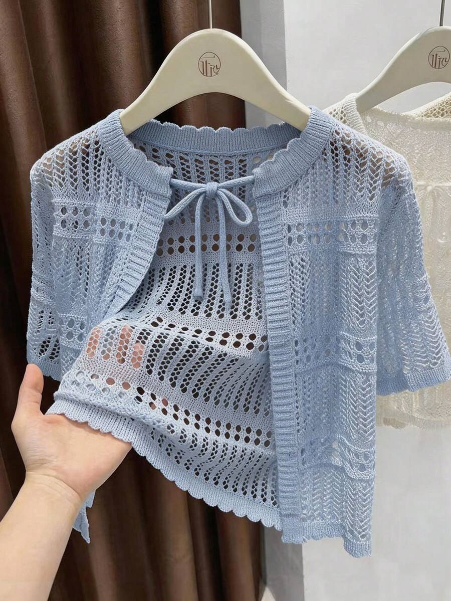 GlowEve Elegante cárdigan de punto con cuello redondo y lazo para primavera/verano para mujer - Azul - Ver 1
