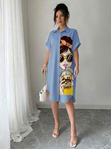 Chiquease Casual Cartoon Print Button Front Dress, Summer - Dusty Blue - View 3