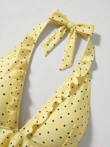 Sweetra CURVE Plus Size Contrast Color Polka Dot Print Halter Neck Swimsuit Set - Yellow - View 3