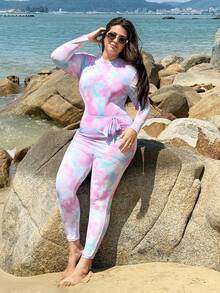 Swim Mulvari 2026 Setelan 3 Potong Wanita Ukuran Plus Terbaru, Rok dan Setelan Motif Tie-Dye Warna Terang dengan Motif Acak, Pakaian Pantai Gaya Timur Tengah untuk Wanita Ukuran Plus - MultiWarna - View 6
