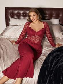 Slumberist Plus Size Women Lace Round Neck Top And Flare Pants Pajama Set - Burgundy - View 6