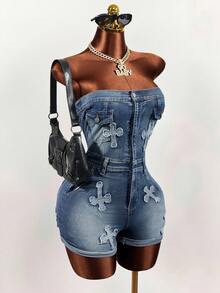 Mistrie Women's Cross Patch Frayed Denim Romper - Blue - View 6