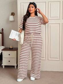 SHEIN EZwear Plus Size Brown Striped T-Shirt And Pants Casual 2 Pieces Set, Summer - Red - View 4