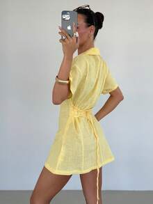 Siren Gaze Women's Elegant Pale Yellow Polo Collar Short Sleeve Mini Dress,Summer Beach Vacation A-Line Sundress,Tea Party Brunch Picnic Outfits - Pale Yellow - View 3