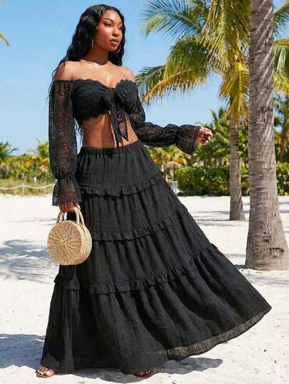 SHEIN SXY 大码休闲纯色荷叶边下摆半身裙