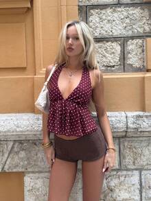 Women's Elegant Polka Dot V-Neck Halter Neck Camisole, Spring/Summer - Burgundy - View 6