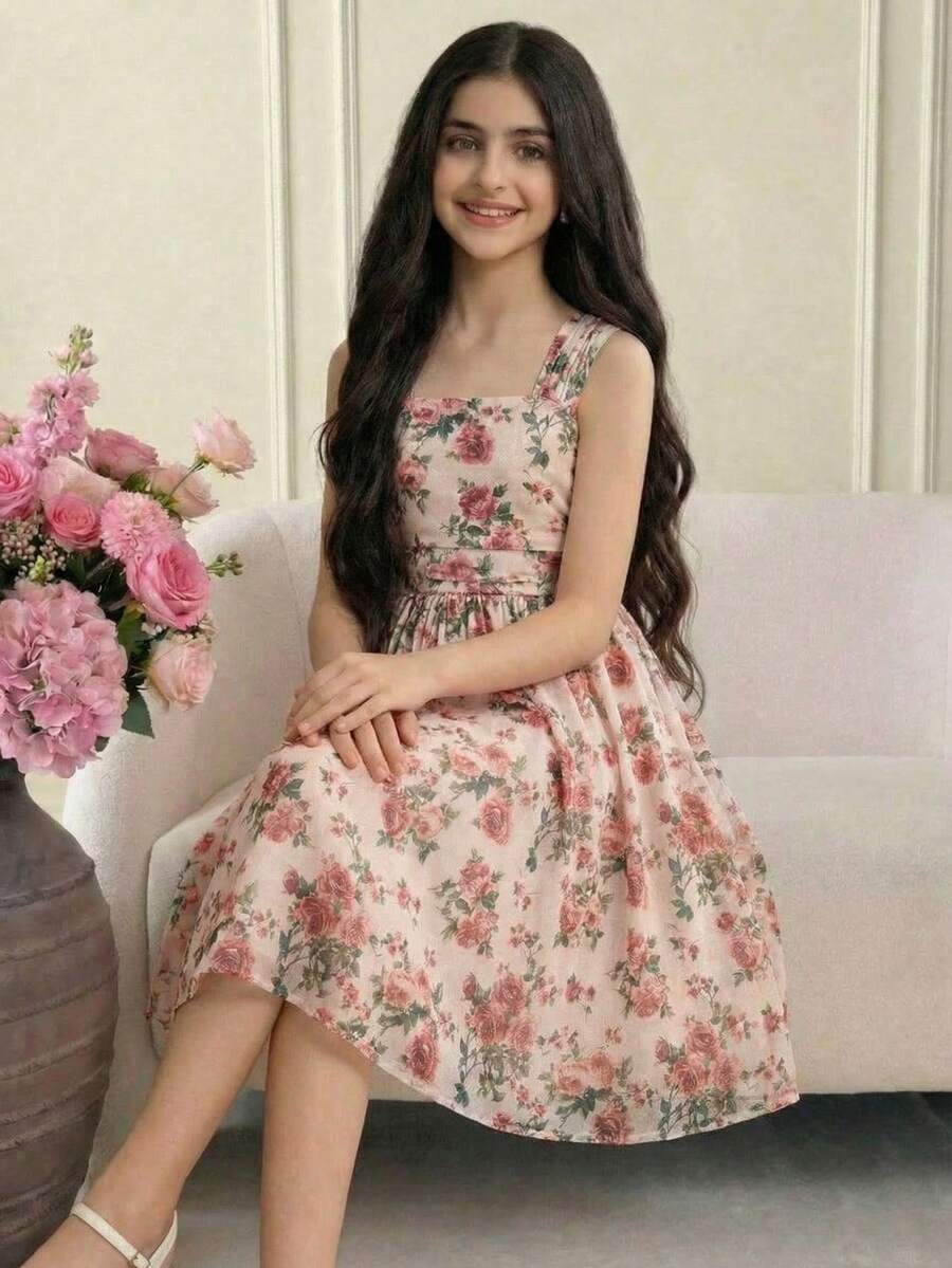 SHEIN Đầm chữ A cổ vuông bản rộng, họa tiết hoa nhí thanh lịch dành cho bé gái tuổi teen - Nhiều màu - Xem 1