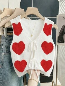SHEIN Franclia 早春新款浪漫情人节可爱爱心图案休闲V领系带女式针织背心 - 彩色 - 查看 4