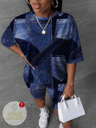 Slaydiva 两件套加大码女式休闲蓝色图案圆领T恤+七分紧身裤，适合夏季、Y2K风格、音乐节等场合