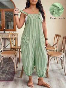 EMERY ROSE Plus Size Women's Elegant Striped Pocket Jumpsuit, Suitable For Work And Commute, Spring/Summer - Green - View 7