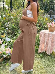 SHEIN Maternity Solid Color Minimalist Casual Jumpsuit - Khaki - View 4