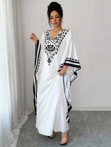 Selianne 女士优雅时尚通勤新款师生恋简约浪漫假日宽松V领无袖印花连衣裙 - 黑與白 - 查看 7