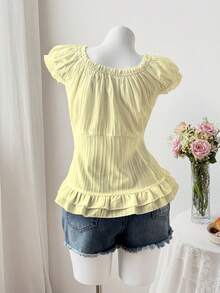 SHEIN Sweetro Cute Casual Petal Sleeve Cinched Waist Button-Front Short Sleeve Summer Shirt - Light Yellow - View 2