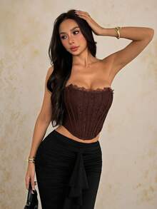 SHEIN PETITE 夏季海滩度假纯色蕾丝文胸上衣，适合日常约会、夜间外出、夜店、派对、聚会、鸡尾酒会、泳池派对、返校季服装、学期服装、假日服装、办公通勤服装，束身胸衣 - 咖啡棕 - 查看 6