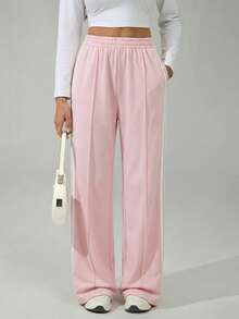 SHEIN Tall 女士弹力腰侧条纹阔腿宽松休闲运动裤，返校季 - 粉色 - 查看 4