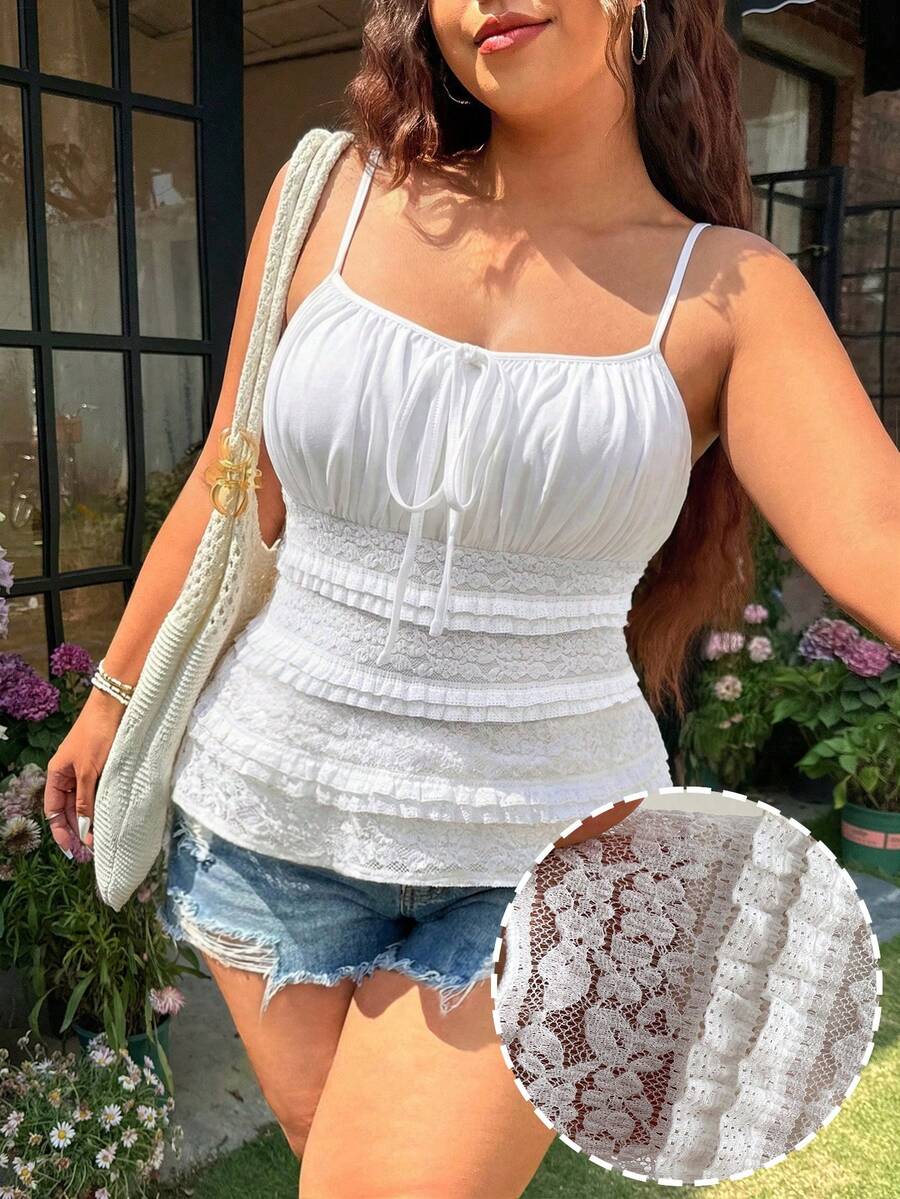 Sunnyshic 大码女式荷叶边蕾丝吊带背心，优雅复古可爱休闲派对假日吊带衫 - 白色 - 查看 1