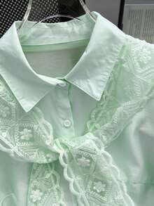 Franclia Casual Loose Lace Trim Tie Collar Long Sleeve Shirt, Yellow For Women, Autumn/Winter Blouse For Women Elegant Classy Women's Tops And Blouses Lace Shirts For Women Blouses For Teens Blouses For Women New Formal Attire - Green - View 4