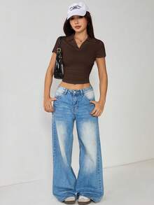 SHEIN PETITE 女士纯色翻领短袖褶裥修身休闲T恤 - 棕色 - 查看 6