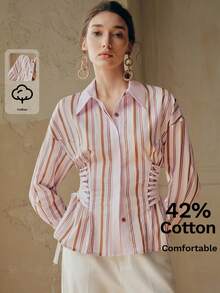 Anewsta 女士混纺棉彩色条纹优雅落肩长袖系带衬衫，侧边系带腰身设计，时尚显瘦，适合春夏、休闲、工作、上学等场合。 - 彩色 - 查看 6