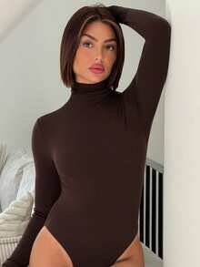 IamThia Women's Brown Mocha Solid Color Comfortable Knitted Cashmere Slim Fit Simple Bodysuit, Basic Tops, Going Out Outfits, Long Sleeve Tops For Women, Business Casual Woman, Winter Clothes For Women, Fall Clothes For Women - Coffee Brown - View 5