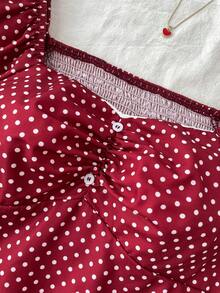 Áo kiểu dáng chữ A màu đỏ trắng cổ điển với viền bèo nhún, phong cách sinh viên thường ngày. - Màu Đỏ Sâu - Xem 5