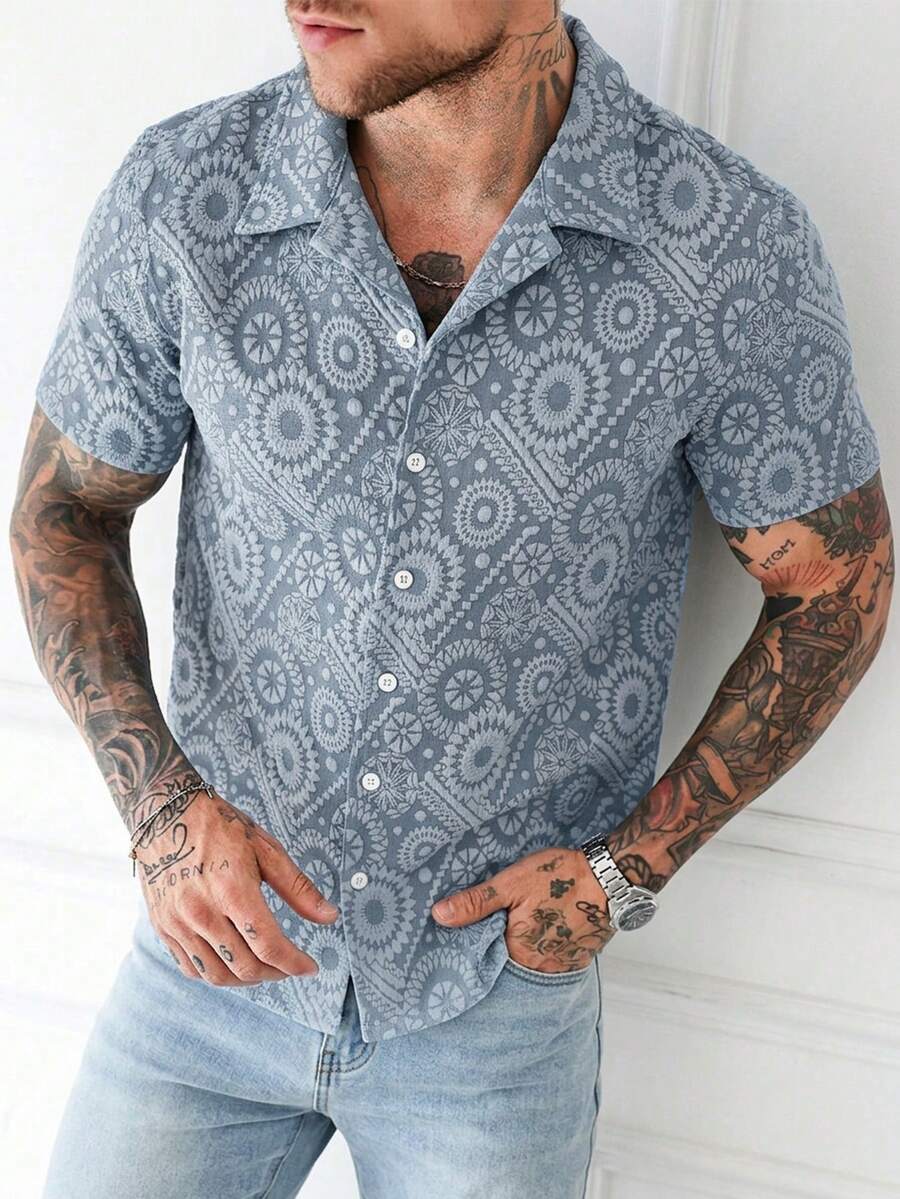 Manfinity Homme Men's Floral Jacquard Single-Breasted Short Sleeve Shirt - Blue - View 1
