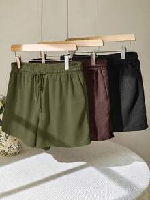 SHEIN EZwear Plus Size Women's Solid Color Drawstring Waist Loose Casual Shorts - Multicolor - View 3