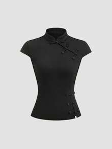 Sweetra Áo thun nữ màu đen cổ tàu cài nút, xẻ tà, ôm sát, kiểu dáng retro Trung Quốc mới. - màu đen - Xem 1