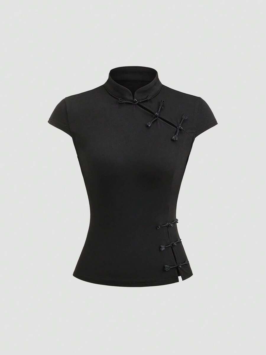 Sweetra Áo thun nữ màu đen cổ tàu cài nút, xẻ tà, ôm sát, kiểu dáng retro Trung Quốc mới. - màu đen - Xem 1