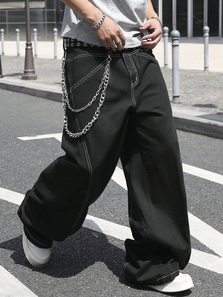 Manfinity EMRG Men's Black Curved Knife Casual Denim Jeans - Black - View 1