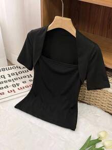 DAZY Women's Solid Color Mesh Patchwork Fitted Short Sleeve T-Shirt, Spring/Summer Cute Tops - Black - View 4