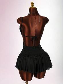 Amplova Đầm ngắn phong cách Boho cho kỳ nghỉ, cổ khoét sâu, eo sâu, dành cho nữ. - màu đen - Xem 10