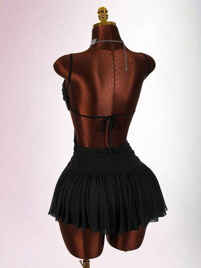 Amplova Vestido mini de estilo bohemio con escote bajo y cintura hueca para vacaciones de mujer