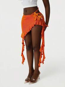 Amplova 2026 Low Waist 3D Floral Asymmetrical Hem Mini Skirt - Orange - View 3