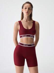 Loungeista 2件組女款運動內衣與短褲套裝，素色拼接，極簡設計，舒適彈性，適合夏季 - 酒紅色 - 查看 5