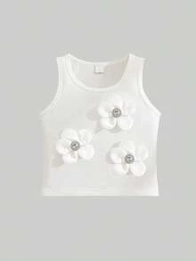 SHEIN Genkimix Kids Young Girls White Floral Beaded Round Neck Camisole, Fashionable For Birthday, Vacation, Party, Summer Toddler Girl Sleeveless For Kids Spring Clothes For Kids Flower Dress For Kids Kids Clothes In Girls 3to 4 Years Of Age - White - View 7