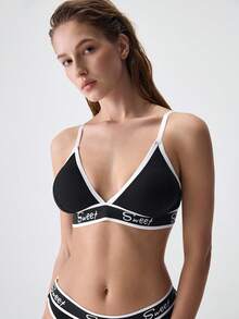 Loungeista Conjunto de lencería deportiva de soutien y panty con cinta contrastante y diseño de letras para yoga - Blanco y Negro - Ver 7