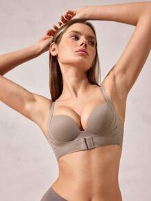 棕色前扣无钢圈加垫聚拢文胸，适合平胸女性 - 棕色 - 查看 4