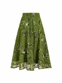 Ellevyn Women's Sequin Floral Pattern Casual Versatile Date Night Skirt - Dark Green - View 2