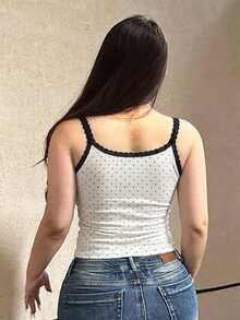 Dazy Plus Street Style Tight Fitting Polka Dot Lace Patchwork Plus Size Women Tank Top, Spring/Summer - Black and White - View 4