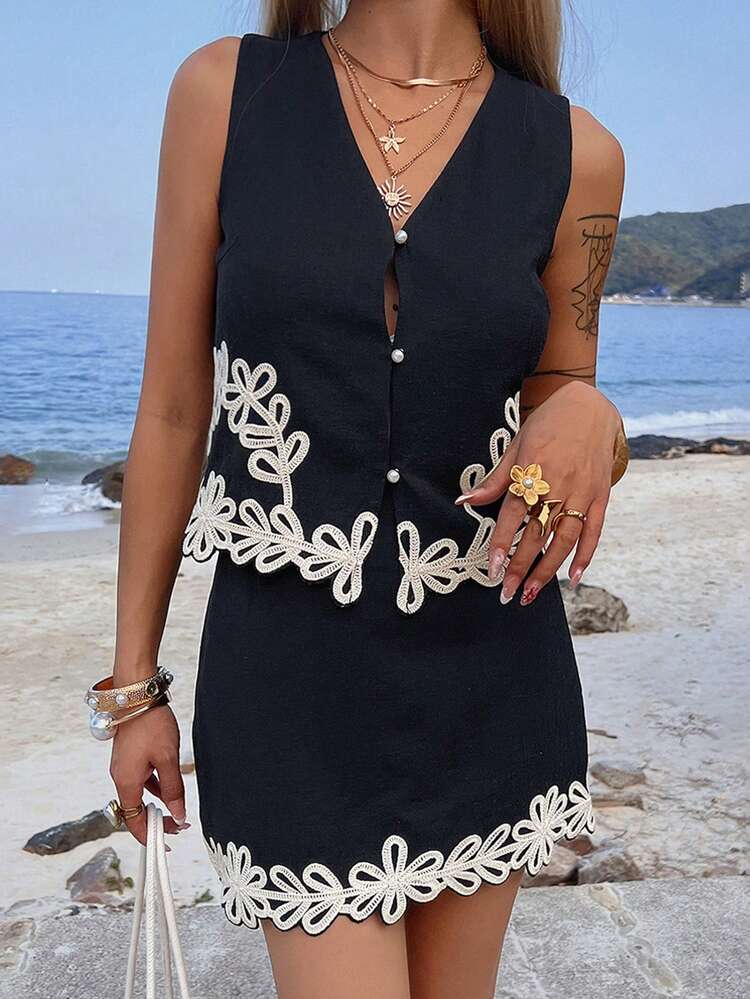 Exquisite Embroidered Sleeveless Vest & Mini Skirt Set
